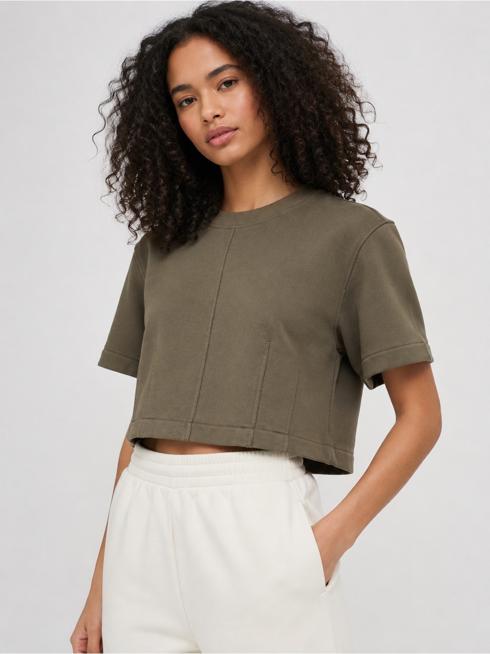 Sweaty Betty Olive Green Boxy Cropped Short Sleeve Sweatshirt US 6